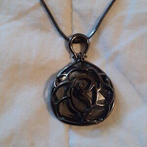 Rose Pendant Sweater Necklace Charcoal Grey Toned